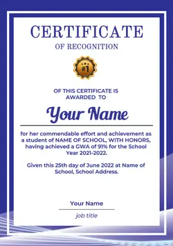 Non-marketing, Certificate, blue themed appreciation certificate can be edited