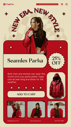 Fashion Red Cream Parka Jacket Product Display Instagram Story