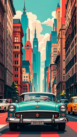 Wallpaper creative poster retro city with classic car