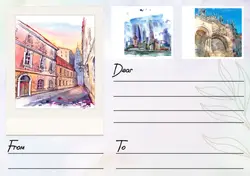 Non-marketing, Postcard, watercolor with three photo collage