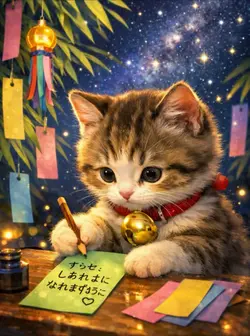 短冊にお願い書く子猫