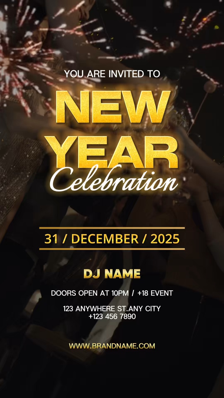 C2B New Year Party Invitations Black Gold General Industry Dynamic Posters