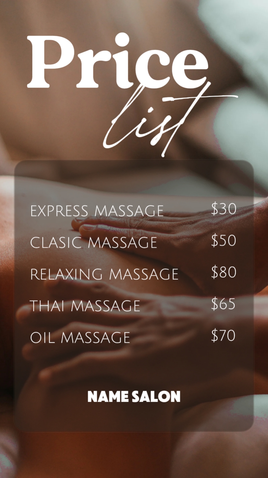 Lista de preços massagem