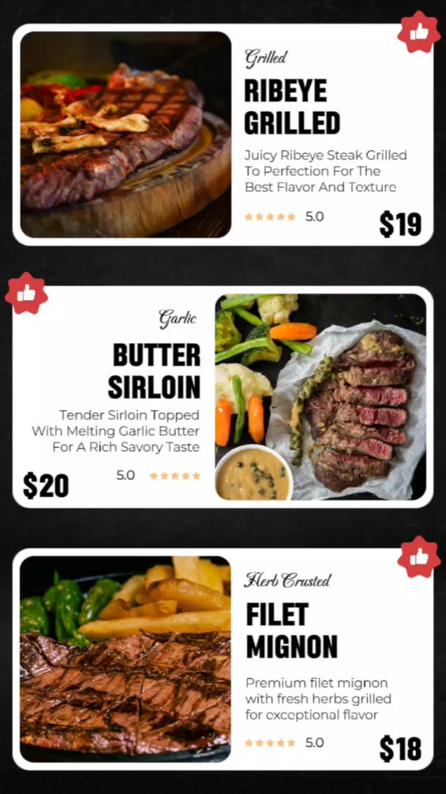 Affichage du menu promotionnel du restaurant de l'industrie alimentaire Style d'interface utilisateur de steak